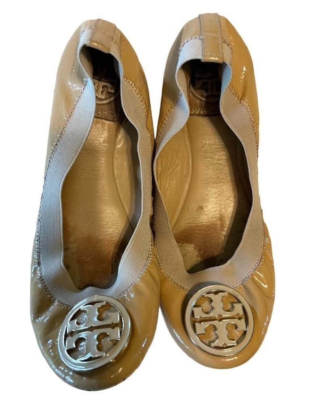 Pre owned Tory Burch Caroline Patent Leather Logo Ballet Flats, Sz 5